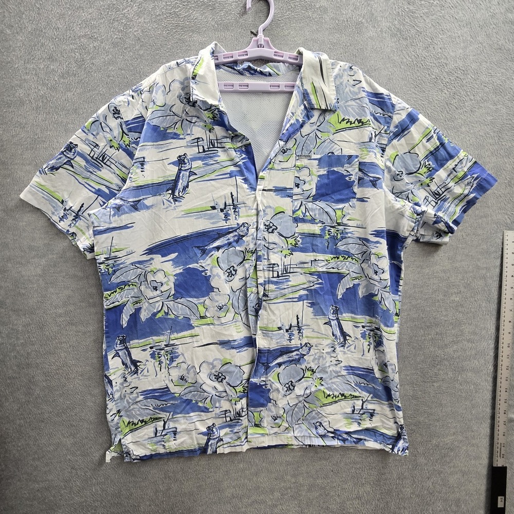 Columbia Men Button Up Shirt 2XT/2TL Blue Floral PFG Short Sleeve Fishing Hiking